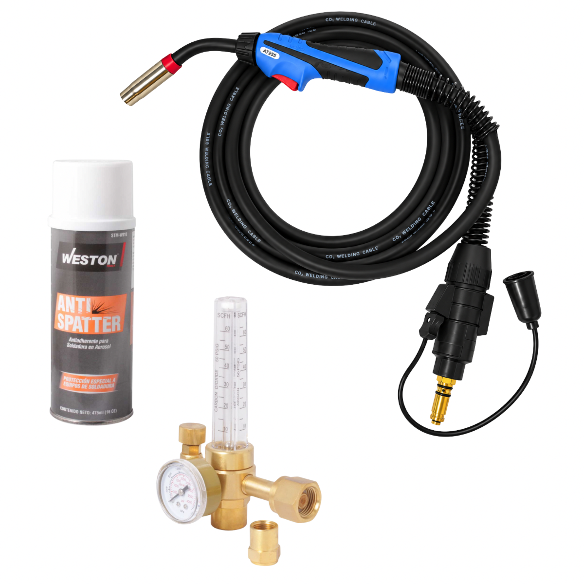 KIT ANTORCHA TIPO BINZEL CON CONECTOR LN 250 AMPS + ANTISPANTTER EN AEROSOL + FLUJOMETRO CO2