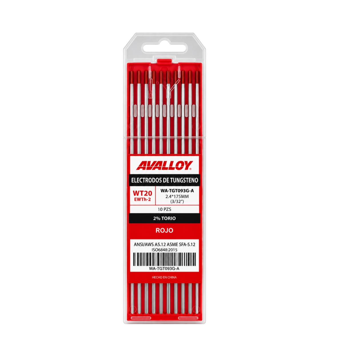 ELECTRODO DE TUNGSTENO AL 2% THORIO ROJO WT20/EWTH-2 3/32 x175mm 10pz
