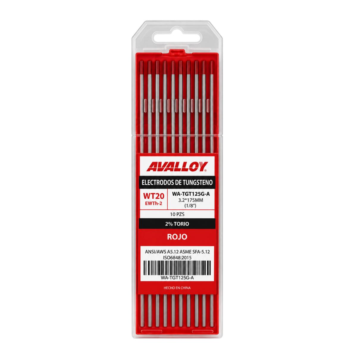 ELECTRODO DE TUNGCTENO AL 2% THORIO ROJO WT20/EWTH-2 1/8 x175mm 10 pz