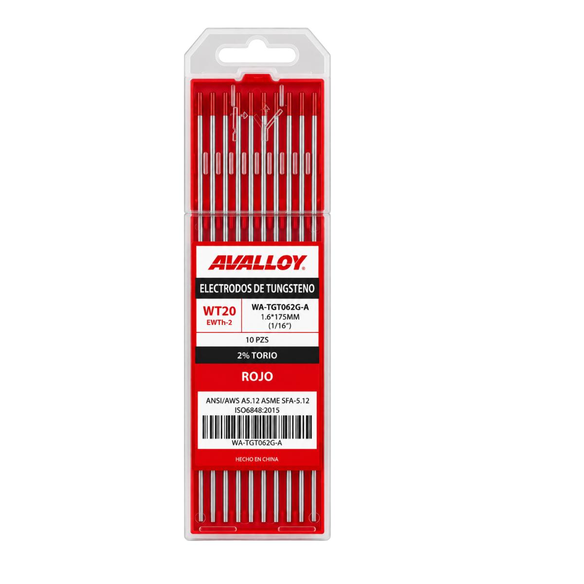ELECTRODO DE TUNGSTENO AL 2% THORIO ROJO WT20/EWTH-2 1/16 x175mm 10 pz
