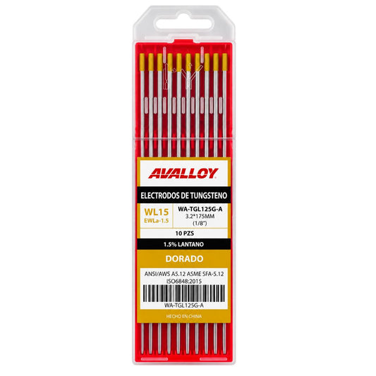 ELECTRODO DE TUNGSTENO AL 1.5% LANTANO DORADO WL15/EWLA-1.7 1/8 x175mm 10pz