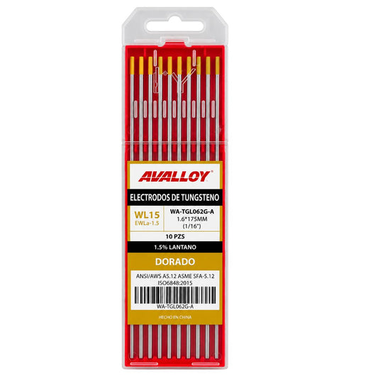ELECTRODO DE TUNGSTENO AL 1.5% LANTANO DORADO WL15/EWLA-1.5 1/16 x175mm 10pz