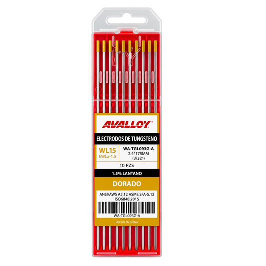 ELECTRODO DE TUNGSTENO AL 1.5% LANTANO DORADO WL15/EWLA-1.6 3/32 x175mm 10pz