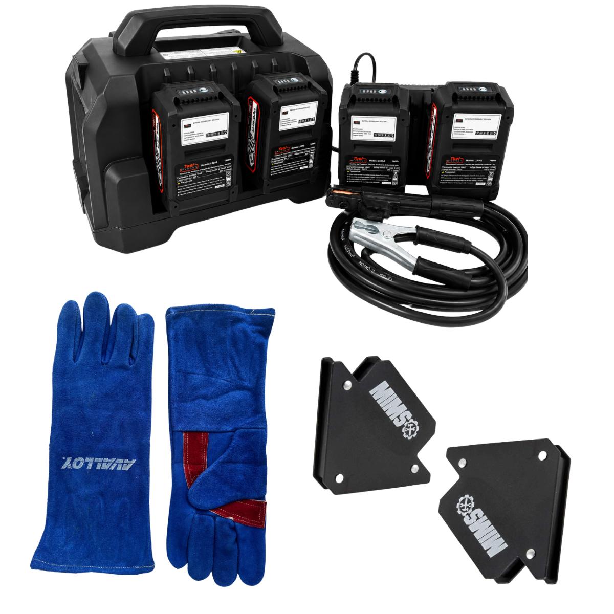 SOLDADORA A BATERIAS MMA 130A CON 4 BATERIAS +GUANTES +ESCUADRAS