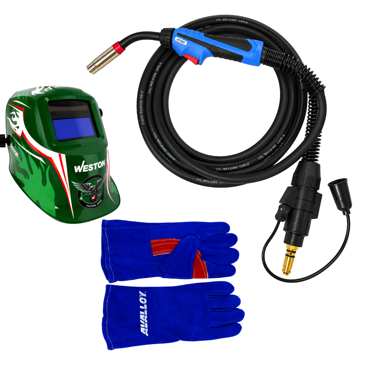 KIT ANTORCHA TIPO BINZEL CON CONECTOR TIPO LN 250 AMP +CARETA +GUANTES